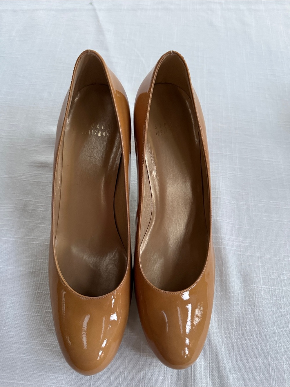 Stuart Weitzman Cognac Patent Leather Round-Toe Pumps